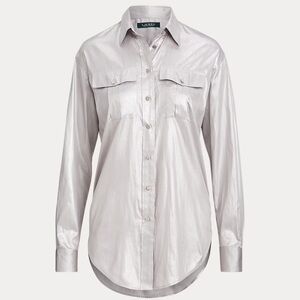 Lauren Ralph Lauren Metallic Patch-Pocket Button Down Shirt‎ Sz Large Silver EUC